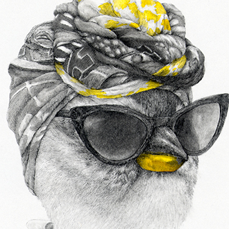 Pencil and watercolor drawing of a sparrow posed as a person